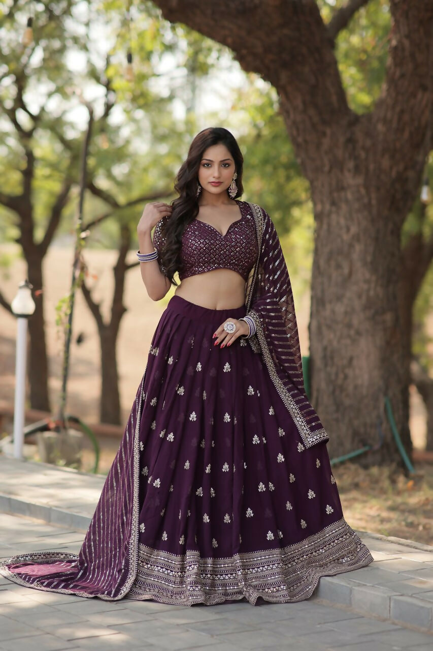 Preksha Creation Faux Blooming With Heavy Sequins & Thread Embroidered Work Women Lehenga Choli - Wine - Distacart