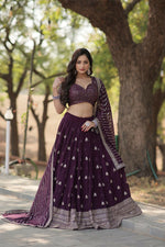 Thumbnail for Preksha Creation Faux Blooming With Heavy Sequins & Thread Embroidered Work Women Lehenga Choli - Wine - Distacart