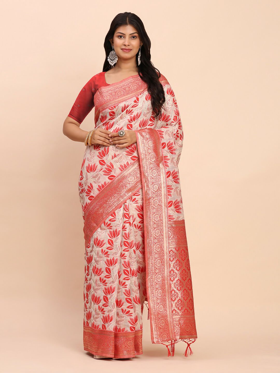 Astita Linen Cotton Red Saree