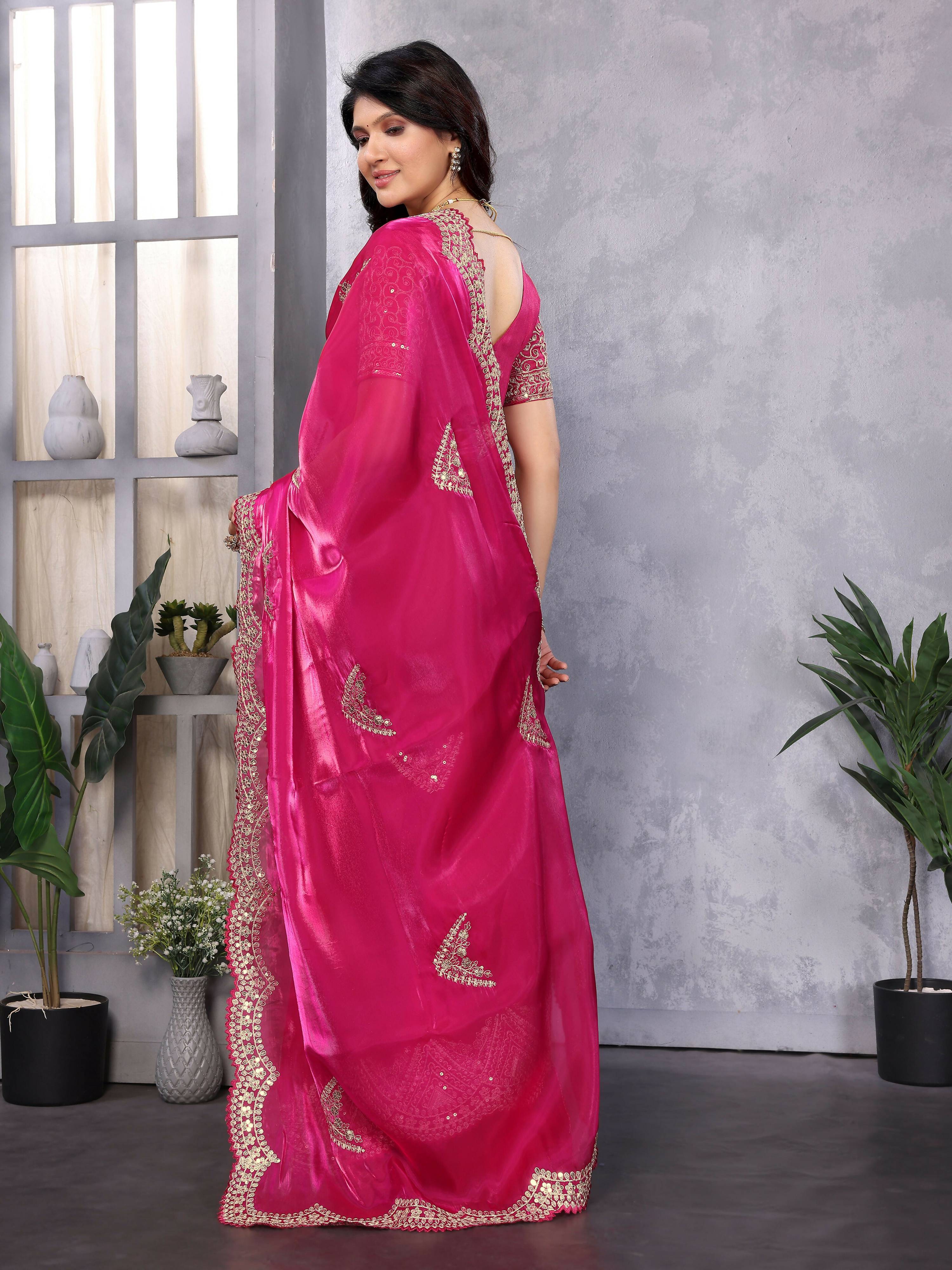 Vastranavya Pink Embroidery Work Shimmer Chiffon Saree with Unstitched Blouse