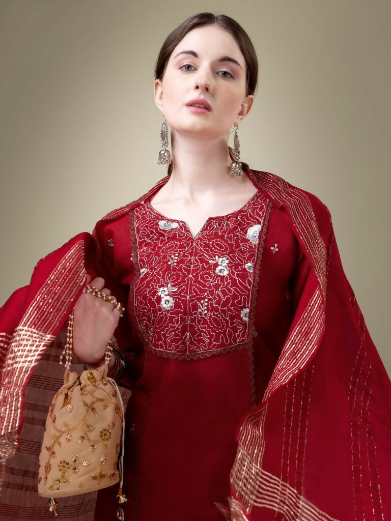 Jyoti Fashion Women's Maroon Cotton Blend Embroidery & Fancy Lace work Kurta with Trouser & Dupatta - Distacart