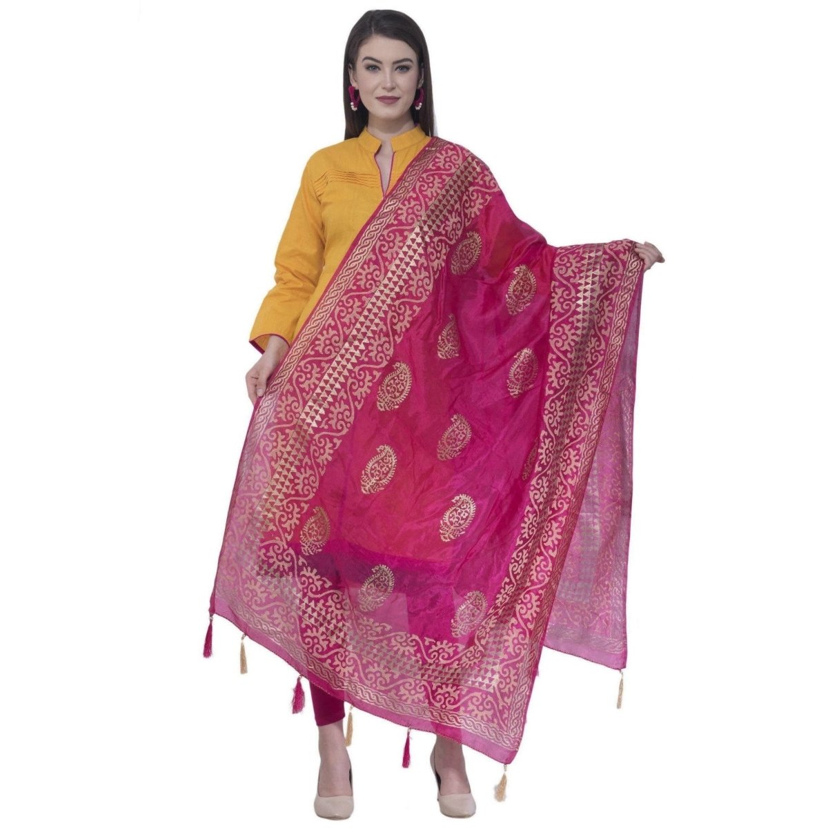 A R SILK Rani Color Silk Pahadi Print Dupattas and Chunnis