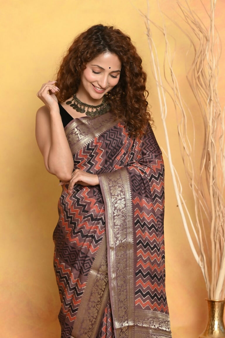 Very Much Indian Modal Silk Ajrakh Handblock Printed Natural Dyes With Designer Border Saree - Brown - Distacart