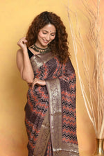 Thumbnail for Very Much Indian Modal Silk Ajrakh Handblock Printed Natural Dyes With Designer Border Saree - Brown - Distacart