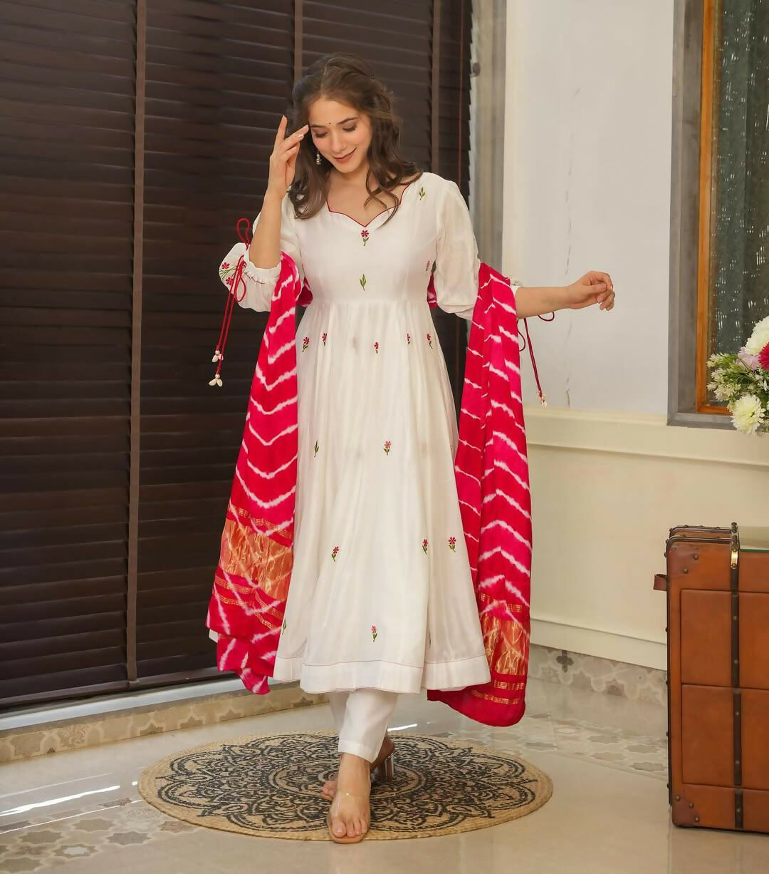 The52 Off White Women's Beautiful Chanderi Fabric Thread work Flared Anarkali with Pant And Dupatta Set - Distacart