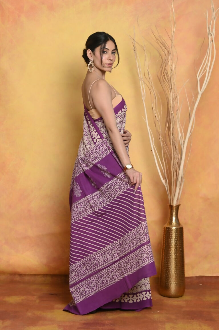 Very Much Indian Handblock Printed Cotton Saree With Natural Dyes - White - Distacart