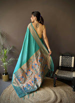 Thumbnail for Joban Fashion Teal Green Jacquard Butti Soft Lichi Silk Paithani Saree - Distacart