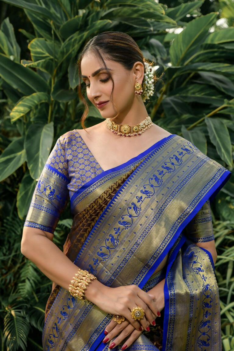 Jyoti Fashion Women's Coffee Kanjivaram Silk Zari Woven Saree with Blouse - Distacart