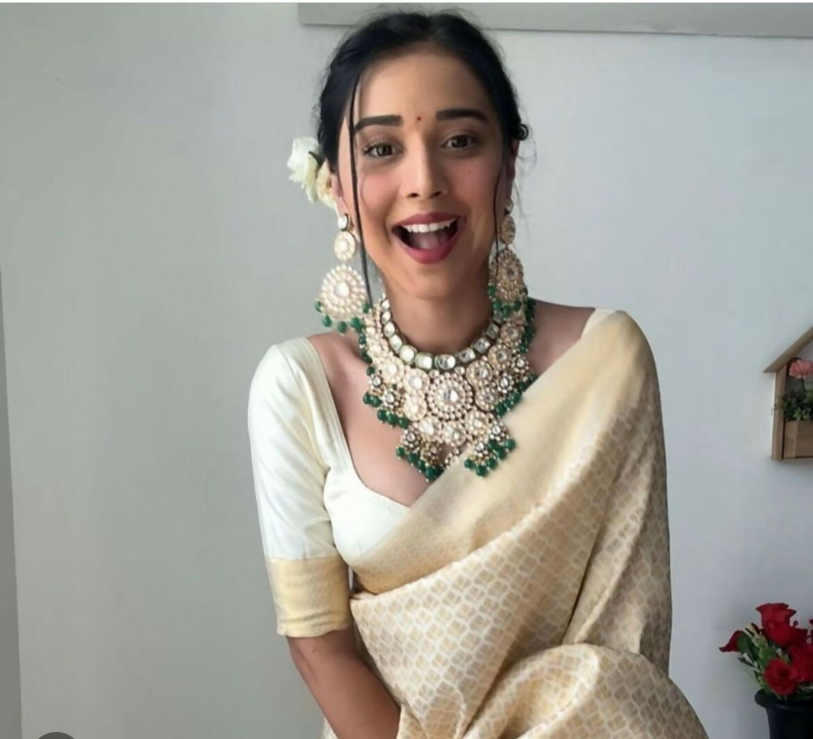Malishka litchi Silk Jacquard Ready To Wear Saree With Blouse Piece - Beige Gold - Distacart