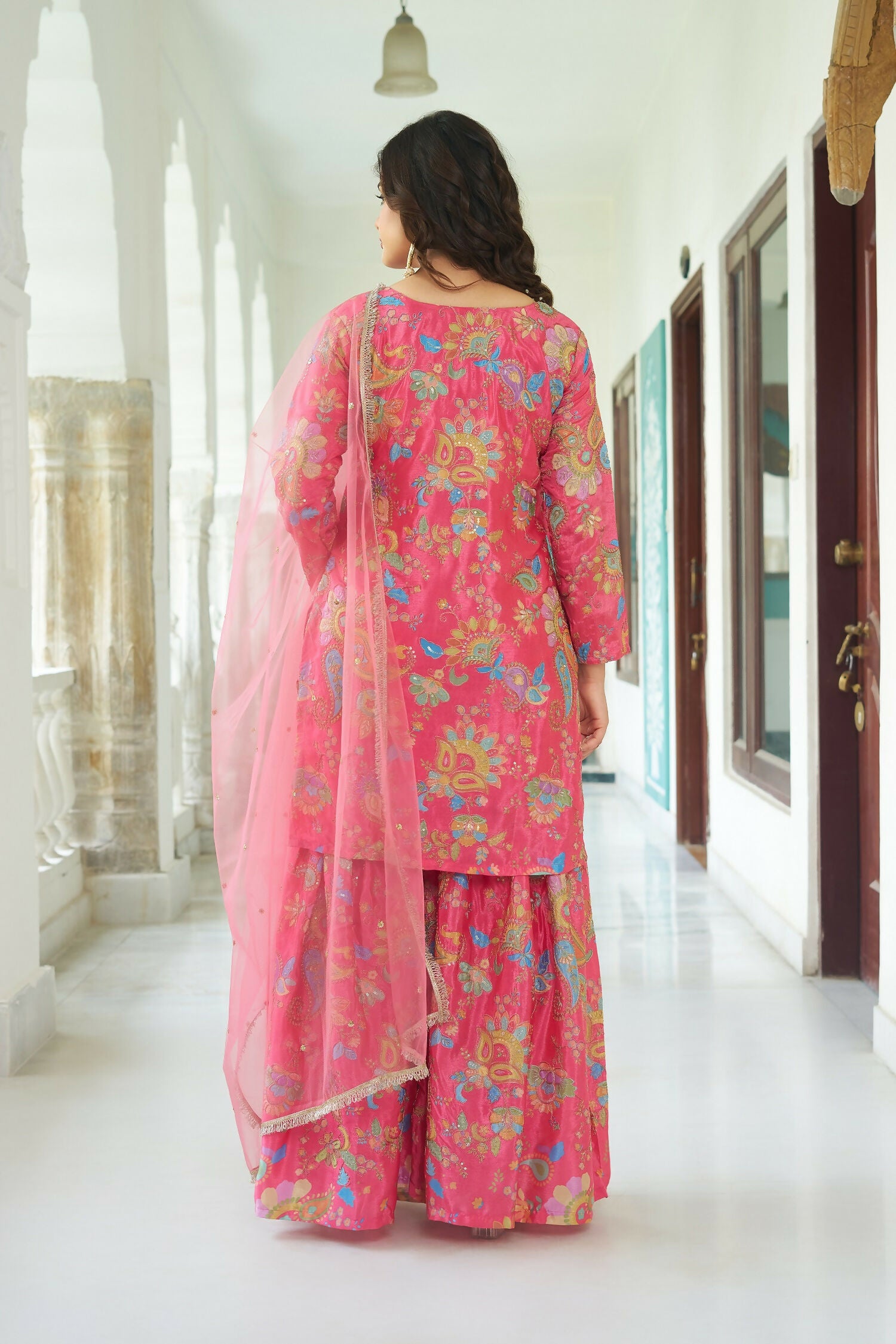 Joban Fashion Pink Chinnon Embroidery Sequence Work Readymade Kurta Set - Distacart