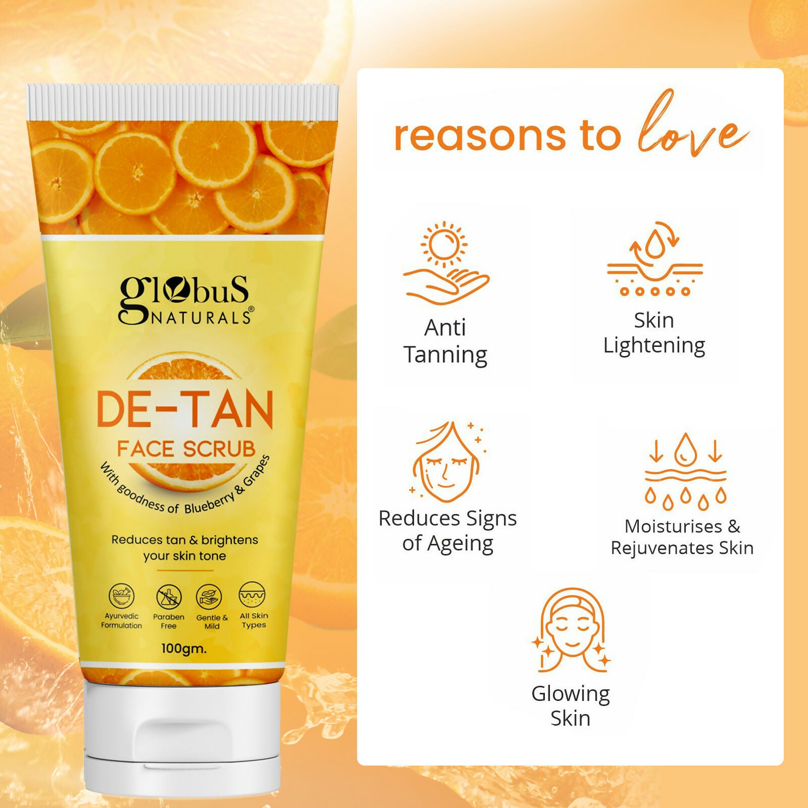 Globus Naturals De Tan Face Scrub, Suitable For All Skin Types