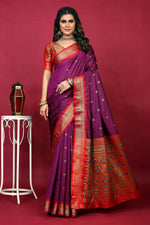 Thumbnail for Jyoti Fashion Women's Purple Paithani Silk Zari Woven Saree with Blouse - Distacart