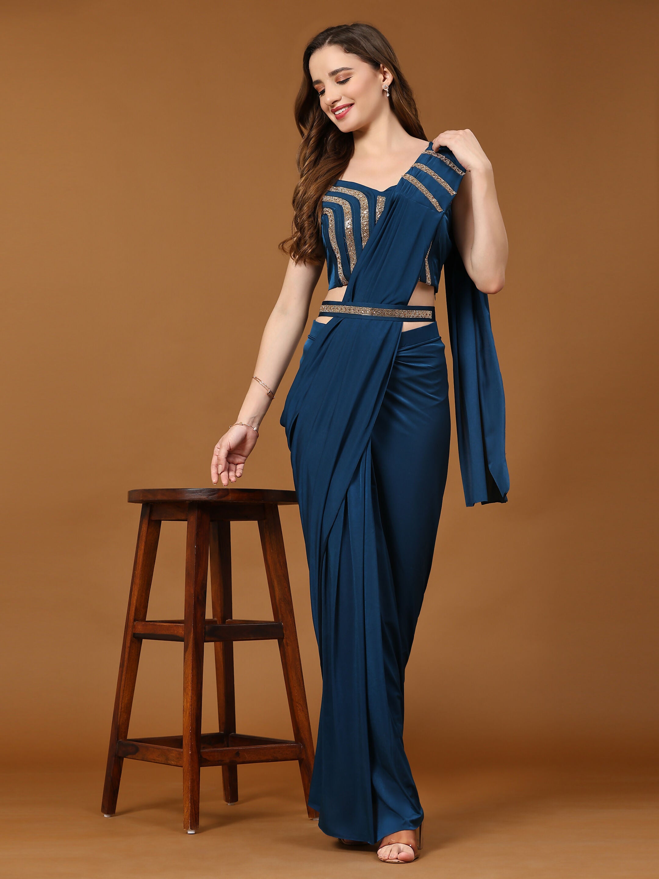 Blue Polyester Solid Ready to Wear Saree with stitched Blouse - Nita - Distacart