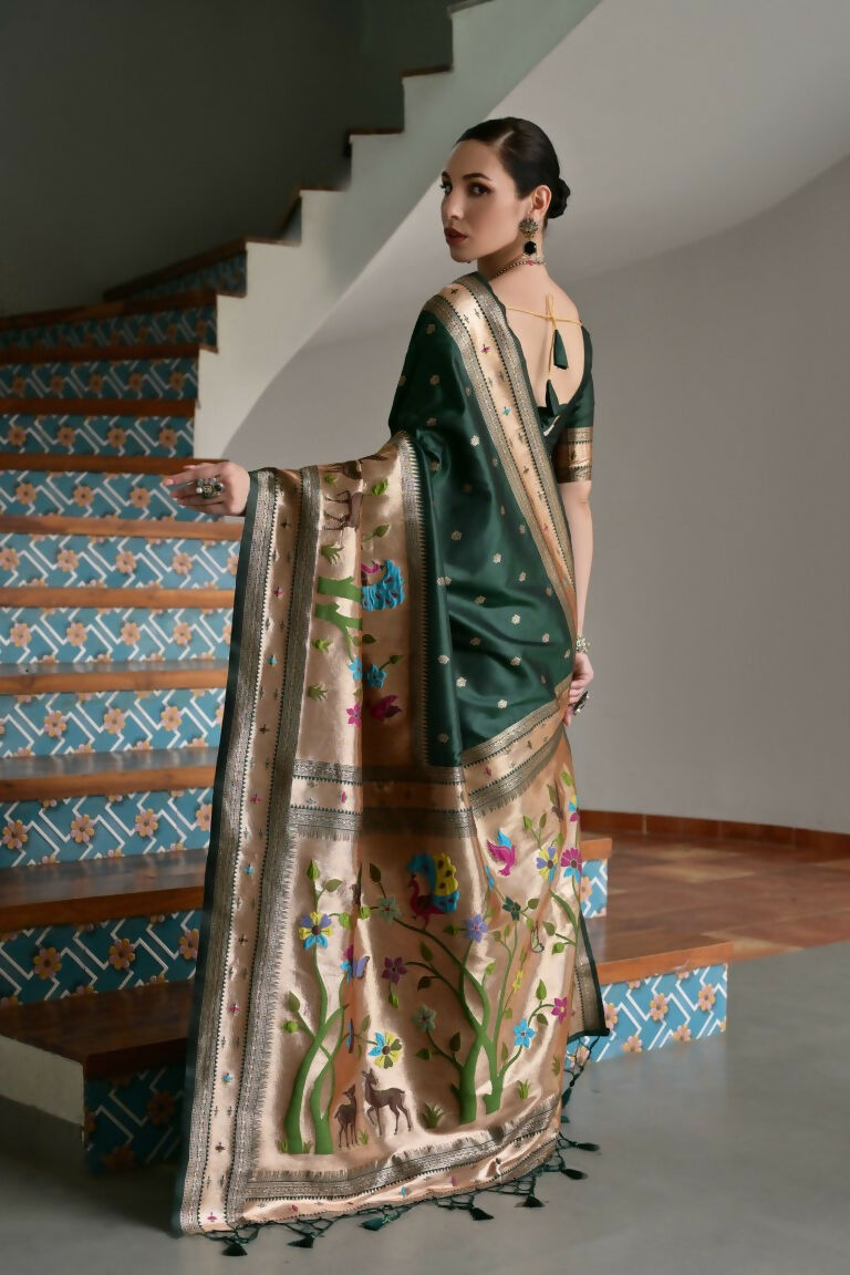 Vishnu Weaves Women's Bt-Green Paithani Silk Zari Woven Saree with Blouse