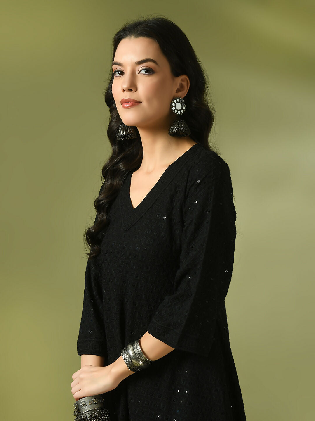 Myshka Women's Black Embroidered Cotton A-Line Party Kurta Set - Distacart