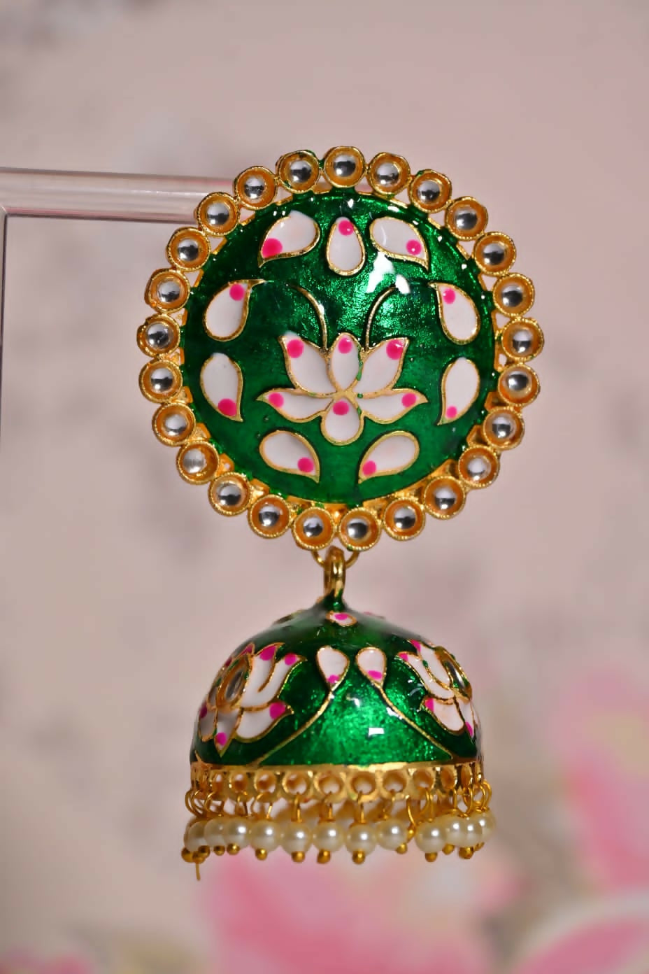 Green Round Shape Ethnic Meenakari Jhumki Earrings By House of Ree - Distacart
