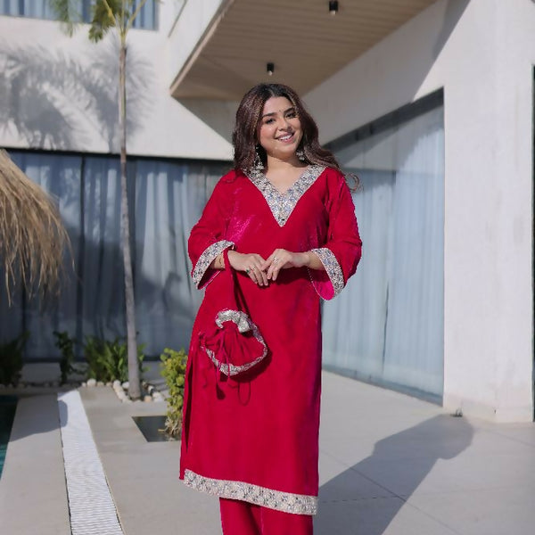 Joban Fashion Pink Kurta Set Velvet Sequins , Zari, Coding & Thread Embroidered work - Distacart