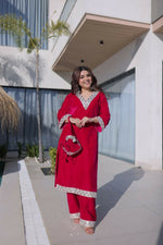 Thumbnail for Joban Fashion Pink Kurta Set Velvet Sequins , Zari, Coding & Thread Embroidered work - Distacart