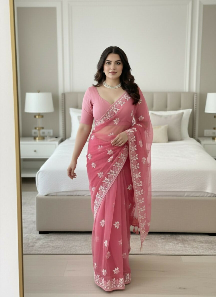 Teeya Creation Womens Latest Stylish Party Wear Soft Net Saree-Peach - Dista