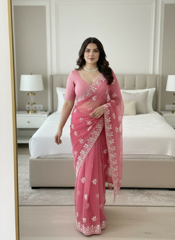Teeya Creation Womens Latest Stylish Party Wear Soft Net Saree-Peach - Dista