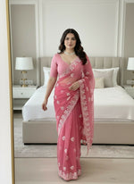 Thumbnail for Teeya Creation Womens Latest Stylish Party Wear Soft Net Saree-Peach - Dista