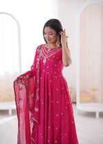 Thumbnail for Teeya Creation Pink Color Roman Silk Embroidery Work Party Wear Gown - Distacart