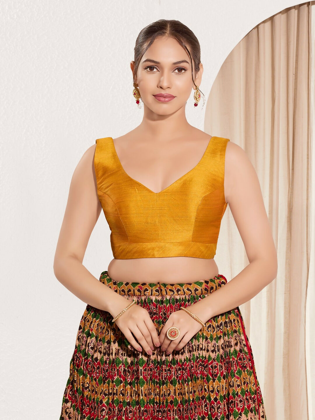Joban Fashion Mustard Mulberry Silk Padded Blouse With Round Neck Sleeveless - Distacart