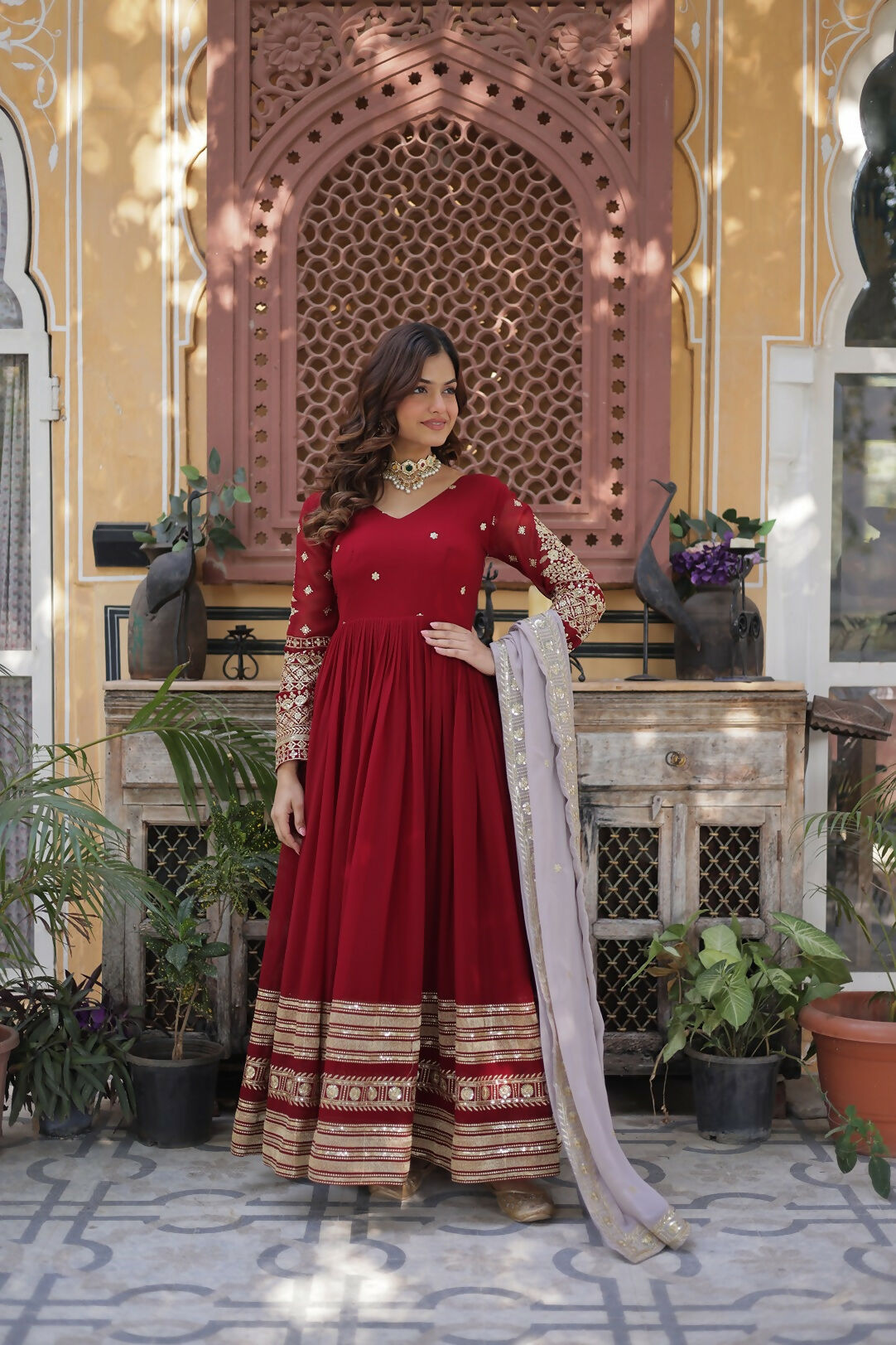 Joban Fashion Red Georgette Sequence Embroidery Work Kurta Set