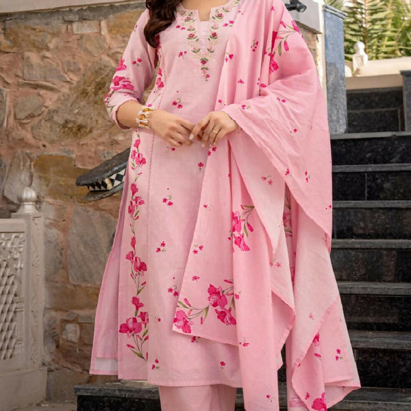 The52 Pink Women's Beautiful Chanderi Fabric Printed Work Straight Kurta Pant and Dupatta Set - Distacart