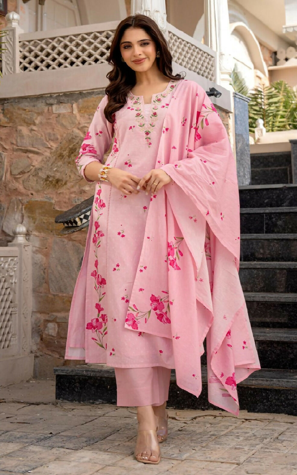 The52 Pink Women's Beautiful Chanderi Fabric Printed Work Straight Kurta Pant and Dupatta Set - Distacart