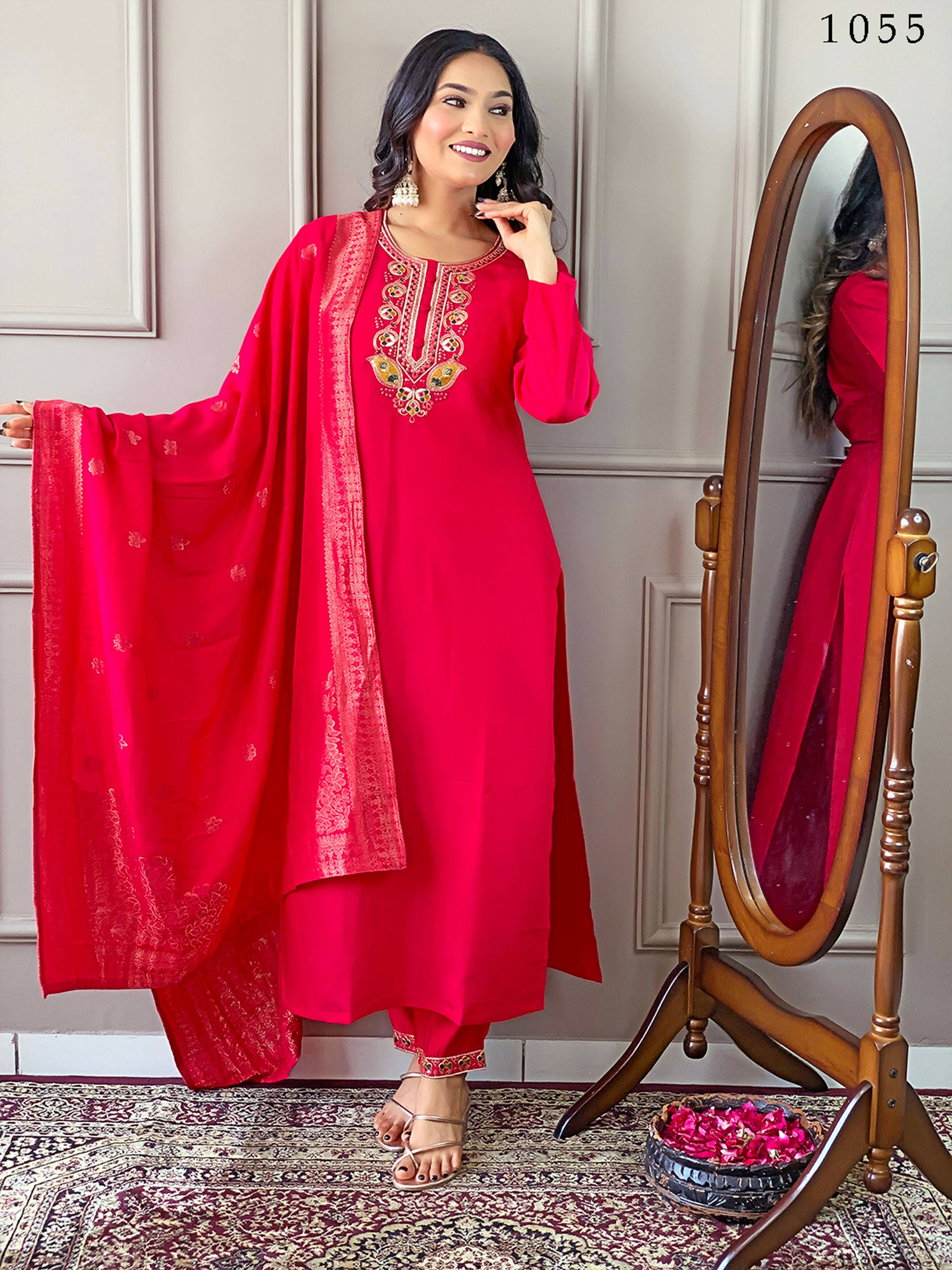 Partywear Designer Viscose Chanderi Red Stitched Suit With Dupatta - Anbazaar - Distacart