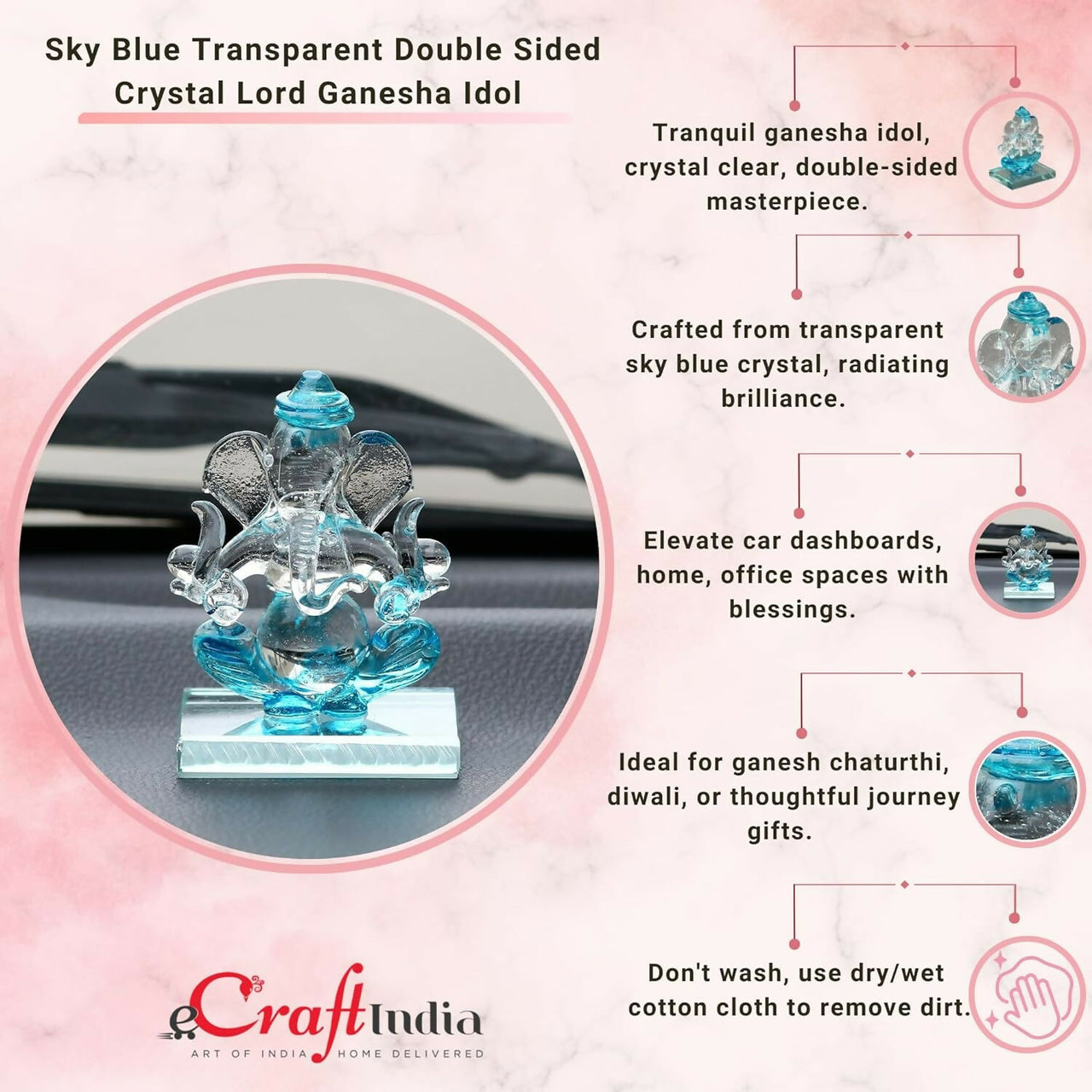 eCraftIndia SkyBlue and Transparent Double Sided Crystal Car Ganesha Showpiece - Distacart