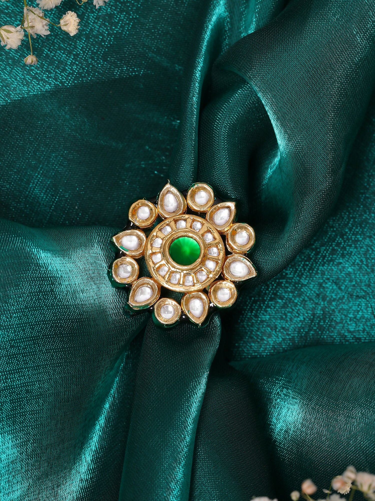 Ruby Raang Gold Polished Green Kundan Ring