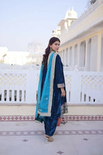 Thumbnail for Teeya Creation Womens New Rama Velvet With Rich Zari Coding Embroidered Work Kurta Pant Dupatta Set - Dista