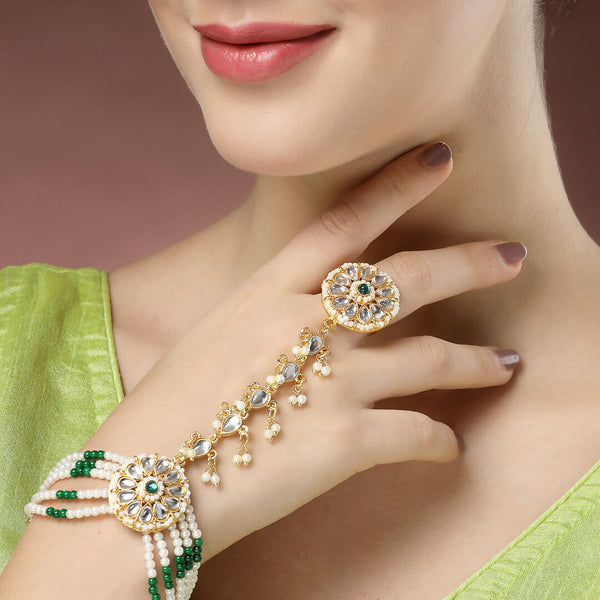 NVR Women's Green Gold-Polished Stone Studded Handcrafted Ring Bracelet - Distacart