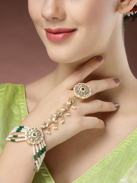NVR Women's Green Gold-Polished Stone Studded Handcrafted Ring Bracelet - Distacart