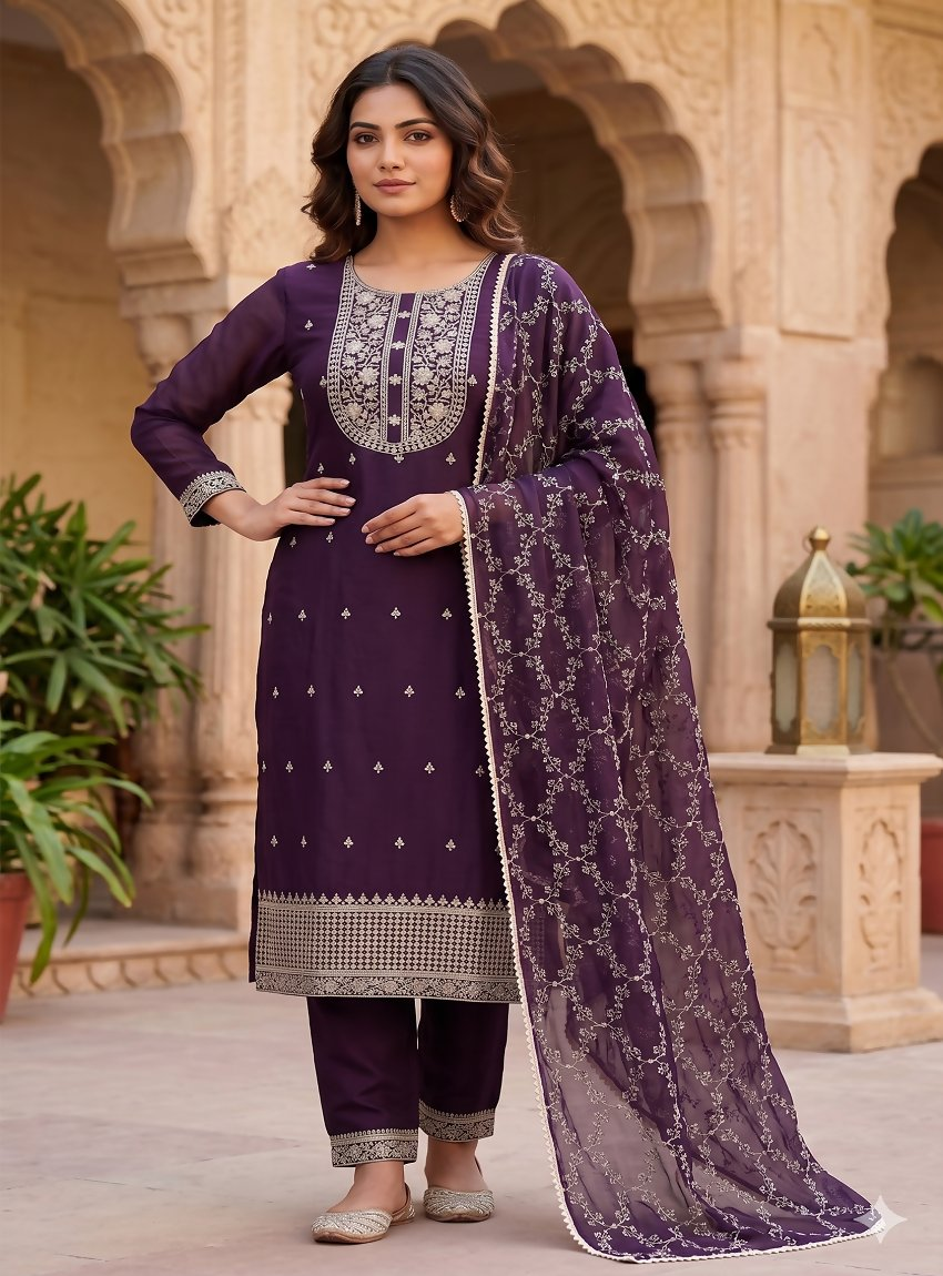 Teeya Creation Deep Wine Embroidered Straight Kurta With Pant And Dupatta - Dista