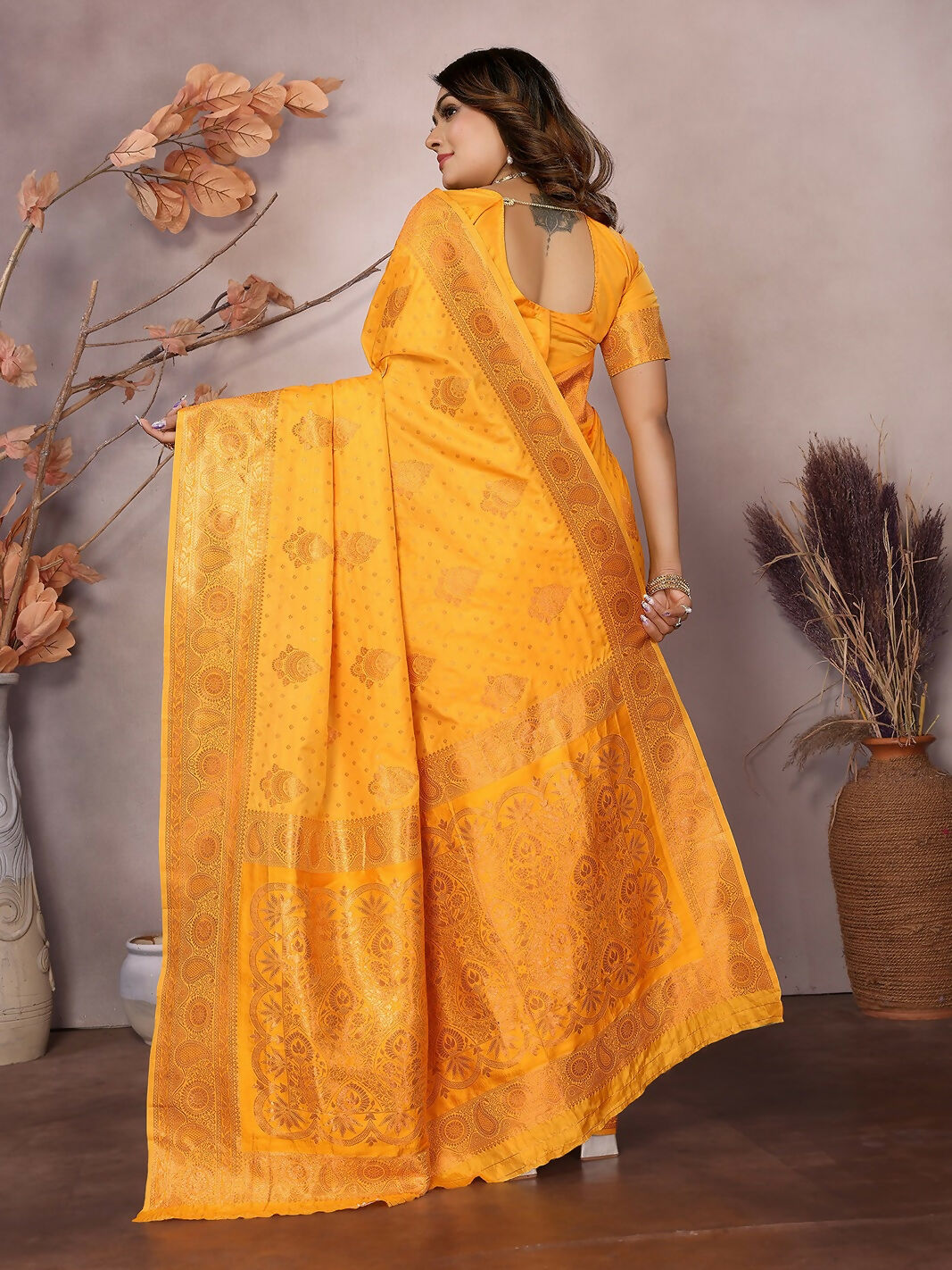 Joban Fashion Banarasi Orange Woven Soft Silk Saree