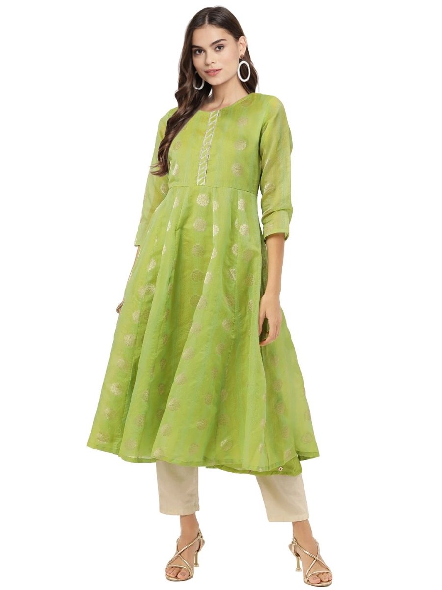 Ahalyaa Women Green Chanderi Jacquard Woven Dress