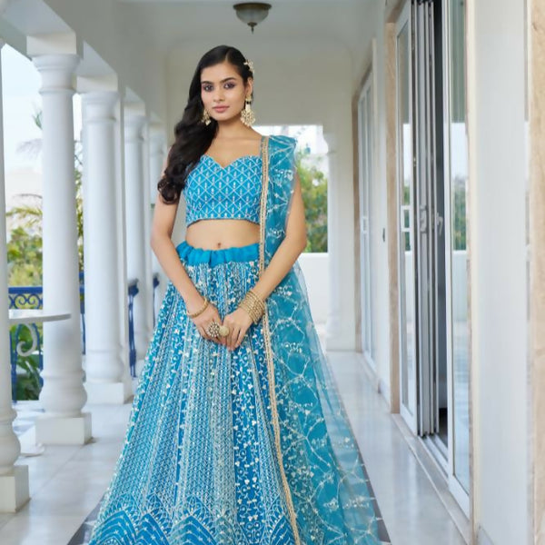 Aastha Fashion Sky Blue Butterfly Net White Cotton Thread Work And Sequence Work Embroidery Wedding Wear Lehenga Choli - Distacart