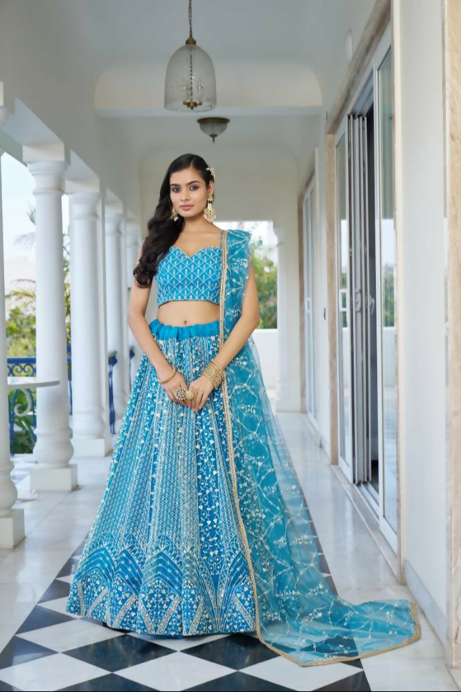 Aastha Fashion Sky Blue Butterfly Net White Cotton Thread Work And Sequence Work Embroidery Wedding Wear Lehenga Choli - Distacart