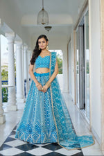 Thumbnail for Aastha Fashion Sky Blue Butterfly Net White Cotton Thread Work And Sequence Work Embroidery Wedding Wear Lehenga Choli - Distacart