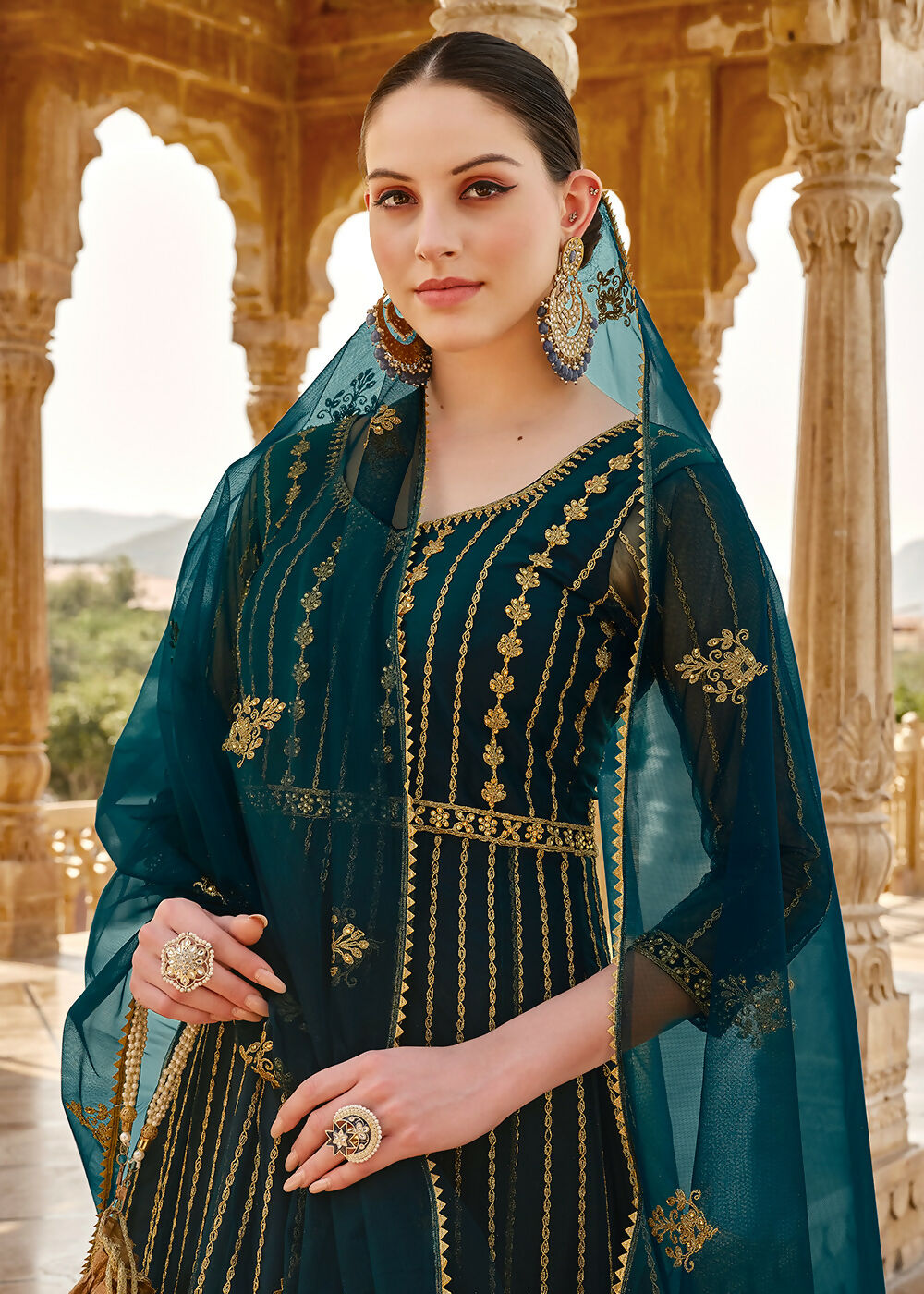 Heavy Stone Embroidered Peacock Blue Designer Anarkali Suit - Emponline - Distacart