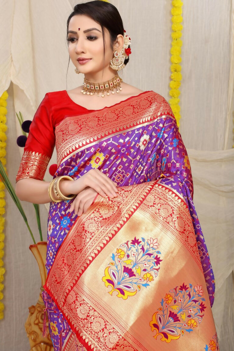 Jyoti Fashion Women's Purple Patola Silk Zari Woven Saree with Blouse - Distacart