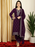 Thumbnail for Jyoti Fashion Women's Burgundy Georgette Resham Thread & Sequin Kurta with Trouser & Dupatta - Distacart