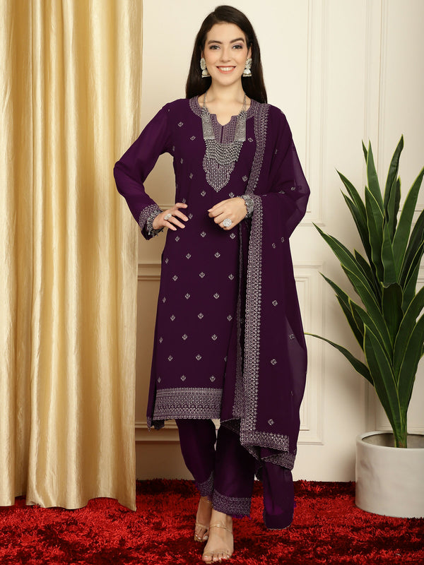 Jyoti Fashion Women's Burgundy Georgette Resham Thread & Sequin Kurta with Trouser & Dupatta - Distacart