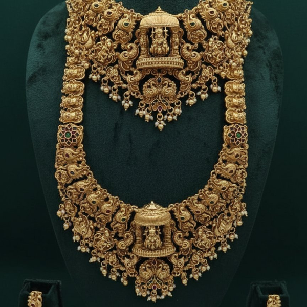 Jewel City Grand South Indian Temple Bridal Necklace Set for Women – Antique Gold-Plated Lakshmi Haram with Choker & Jhumka - Distacart
