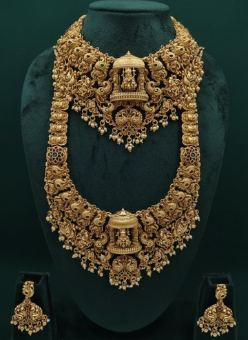 Jewel City Grand South Indian Temple Bridal Necklace Set for Women – Antique Gold-Plated Lakshmi Haram with Choker & Jhumka - Distacart
