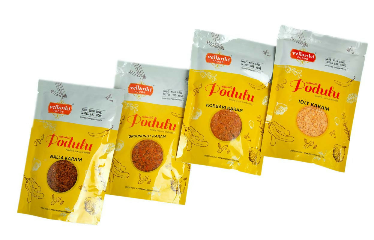 Vellanki Foods Powders 4 Pack Combo (Each 250 gm) - Nalla Karam, Idli Karam, Kobbari Karam, Palli Karam - Distacart