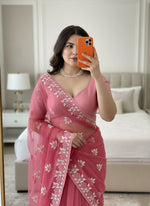 Thumbnail for Teeya Creation Womens Latest Stylish Party Wear Soft Net Saree-Peach - Dista